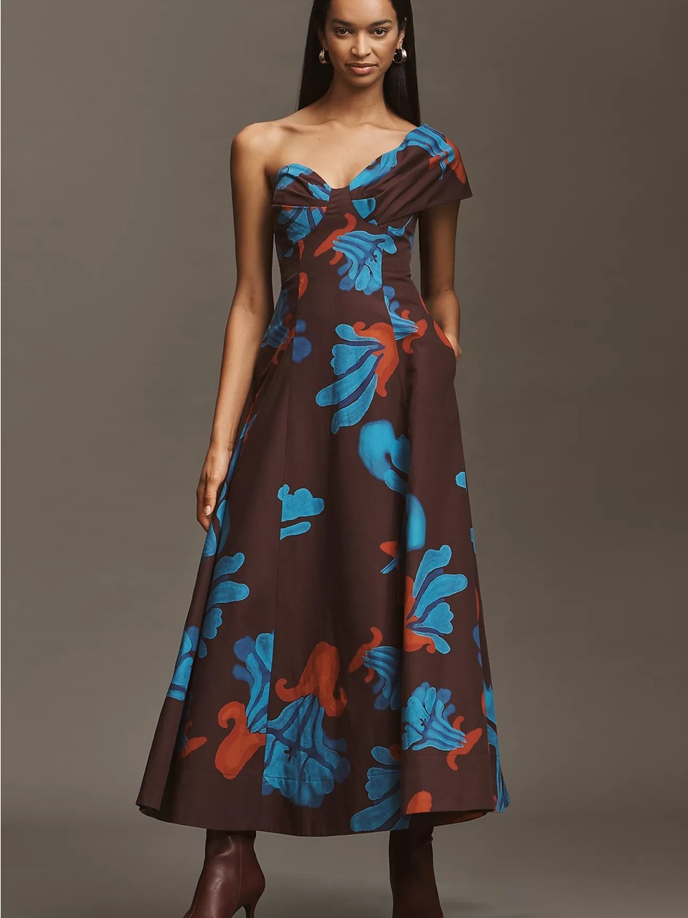 One-Shoulder Floral Midi Dress in Blue and Brown